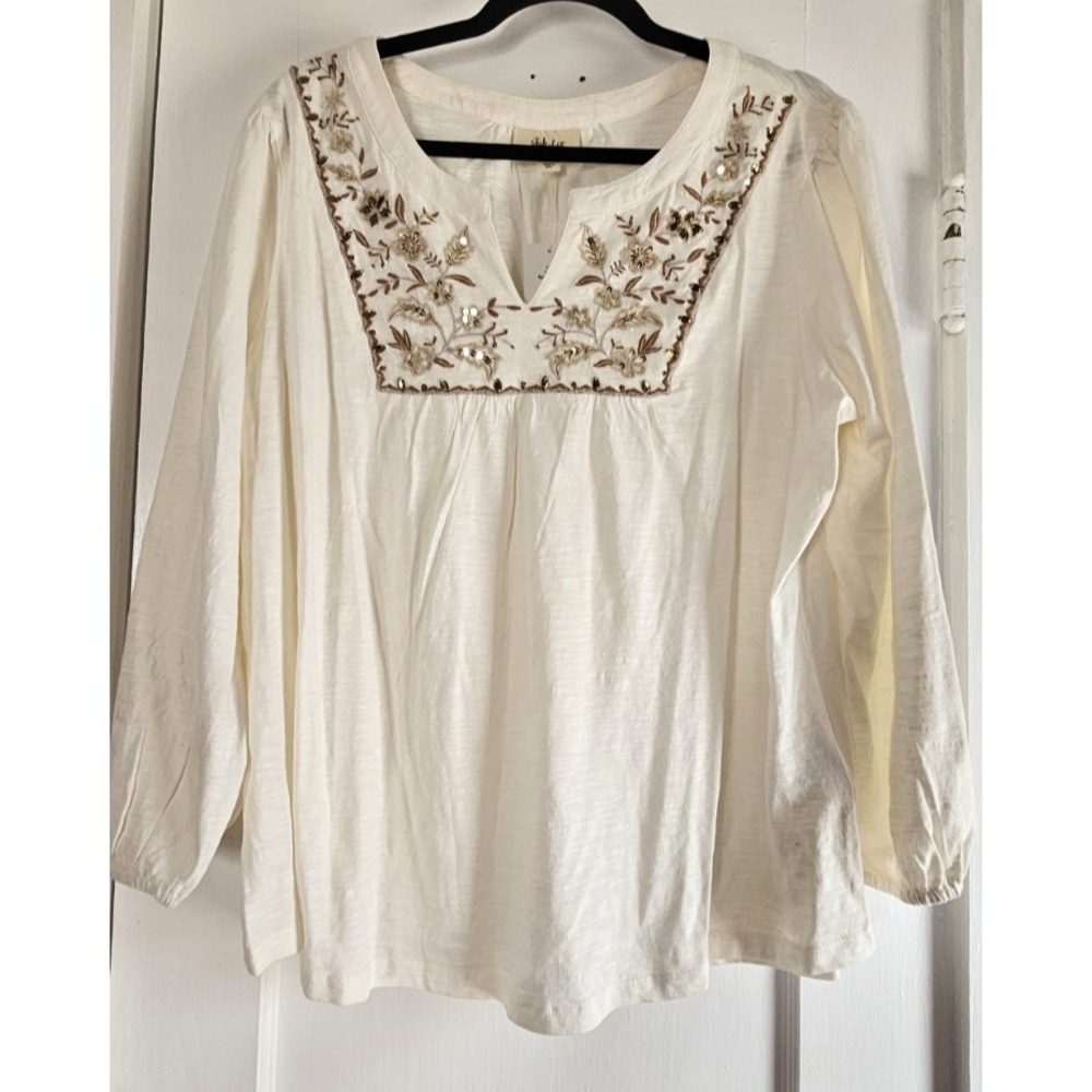 NWT STYLE & CO cream floral embroidery sequined neckline knit blouse womans 1X